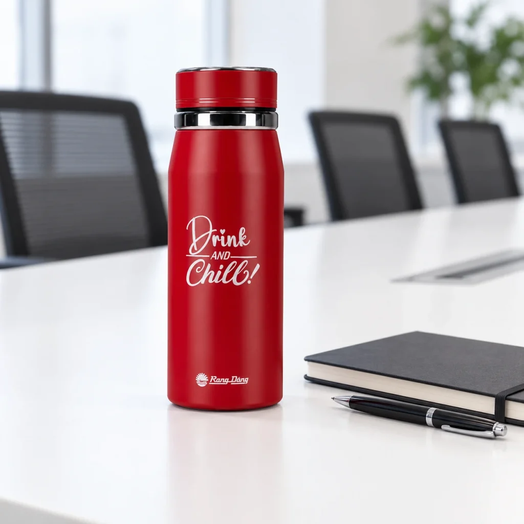 Minh họa bình Rạng Đông đỏ 700 ml cạnh sổ và bút trên bàn họp