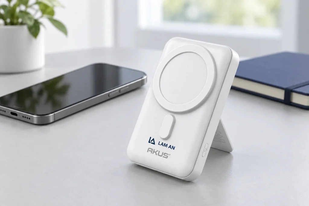 Minh họa AKUS DP123 với chân chống tại bàn làm việc cạnh điện thoại