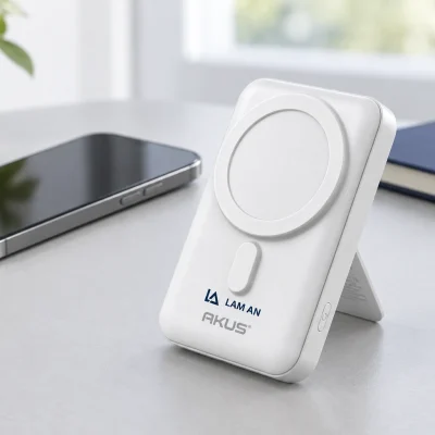 Minh họa AKUS DP123 với chân chống tại bàn làm việc cạnh điện thoại