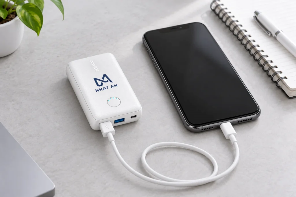 Minh họa Anker A1223 trắng nối một cáp USB-A với điện thoại trên bàn