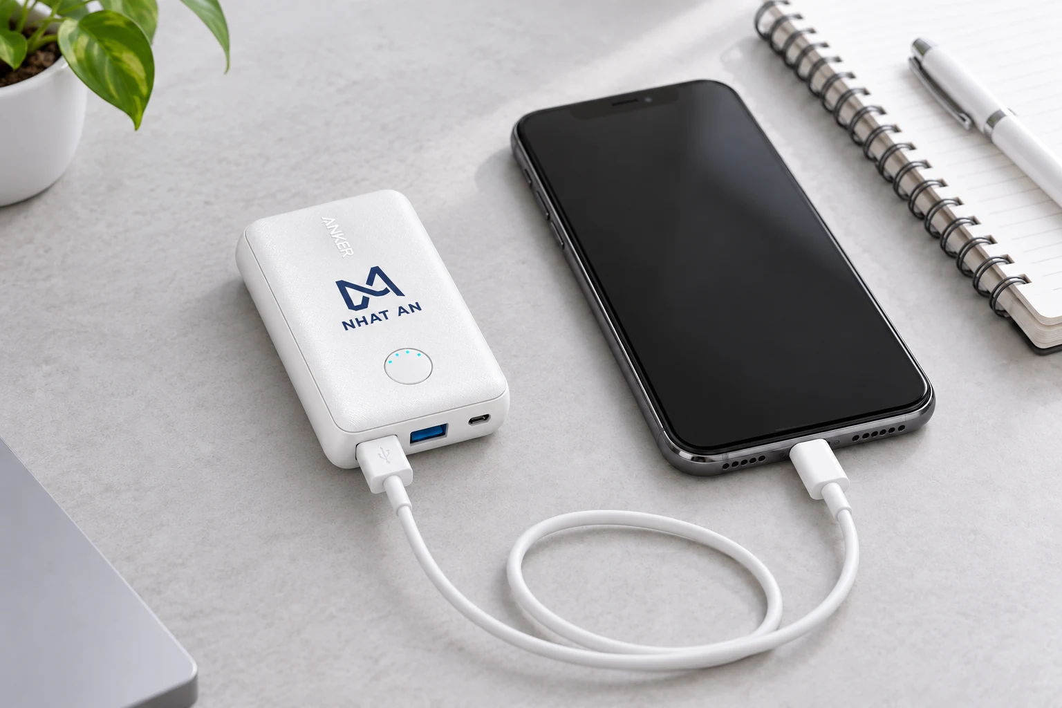 Minh họa Anker A1223 trắng dùng cùng điện thoại Minh họa Anker A1223 trắng nối một cáp USB-A với điện thoại trên bàn