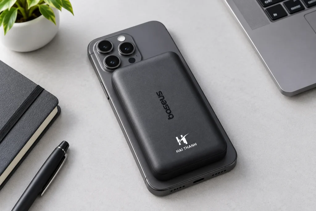 Minh họa Baseus FM12 đen gắn ở lưng điện thoại trên bàn, logo HAI THANH hướng ra ngoài