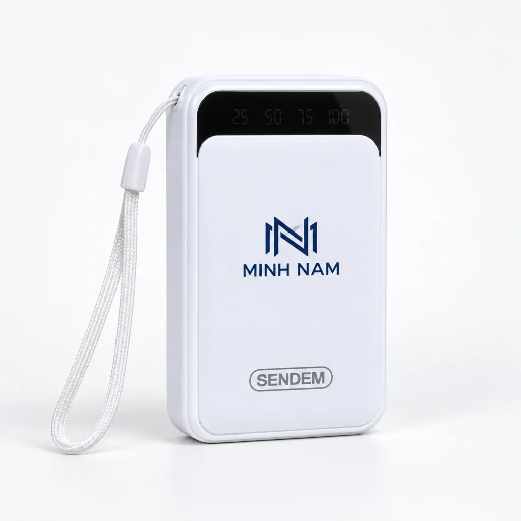 Mô phỏng monogram MN và chữ MINH NAM trên thân trắng SENDEM P300, giữ rõ logo hãng