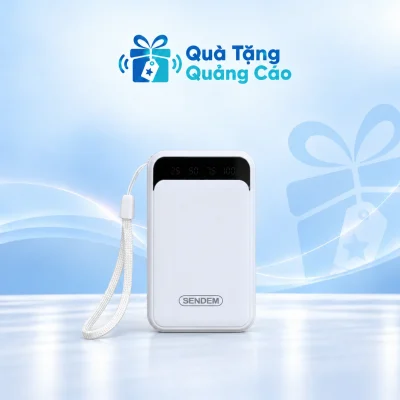 Sạc SENDEM P300 trắng có dải chỉ thị đen và dây đeo trên nền xanh nhạt