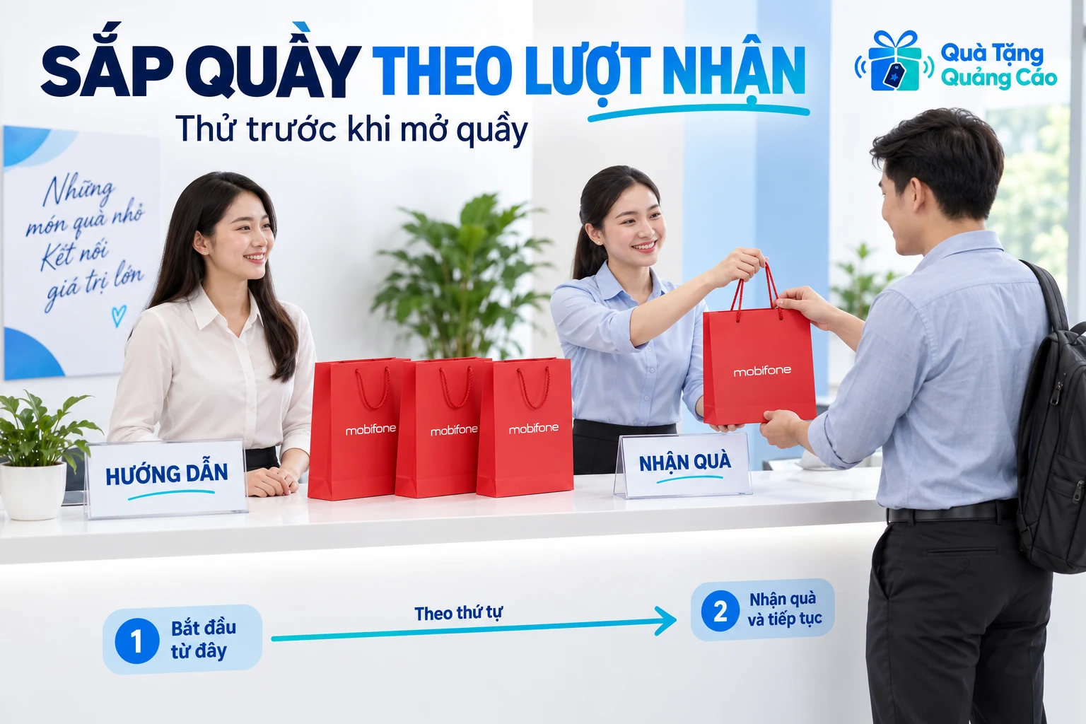 Quầy minh họa có khu hướng dẫn và khu nhận quà theo cùng một chiều đi