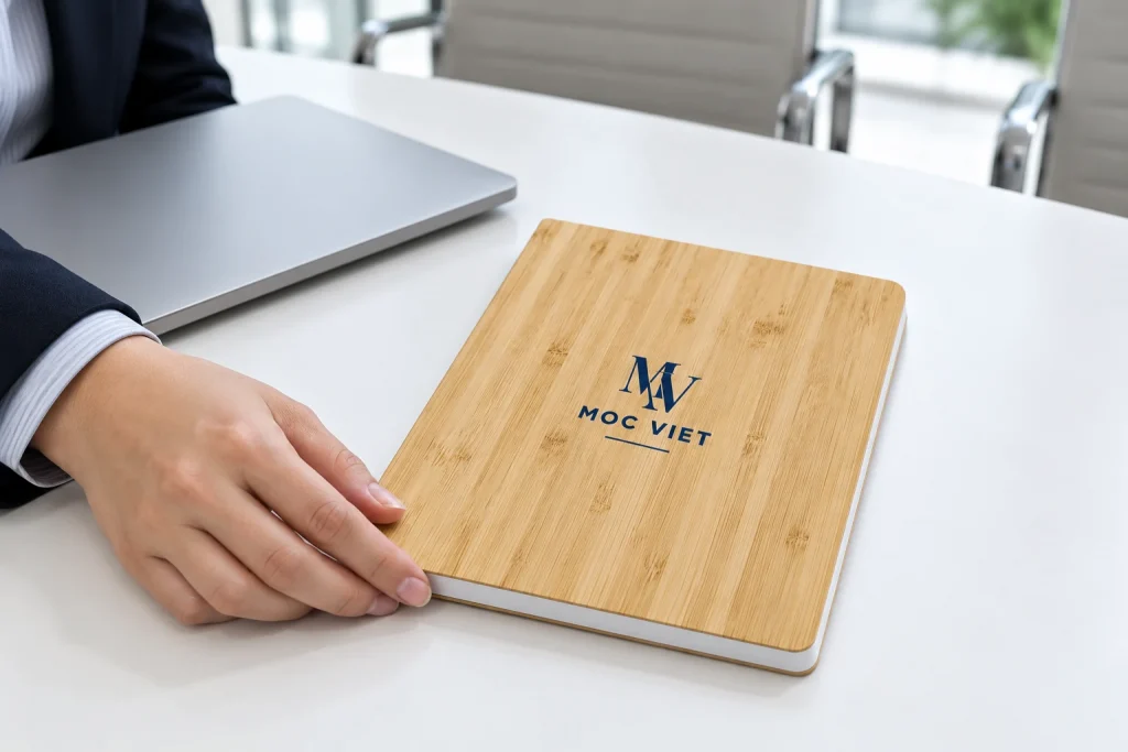 Minh họa sổ bìa tre in Mộc Việt đặt trên bàn họp