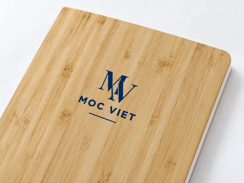 Cận cảnh minh họa logo Mộc Việt trên vân bìa tre