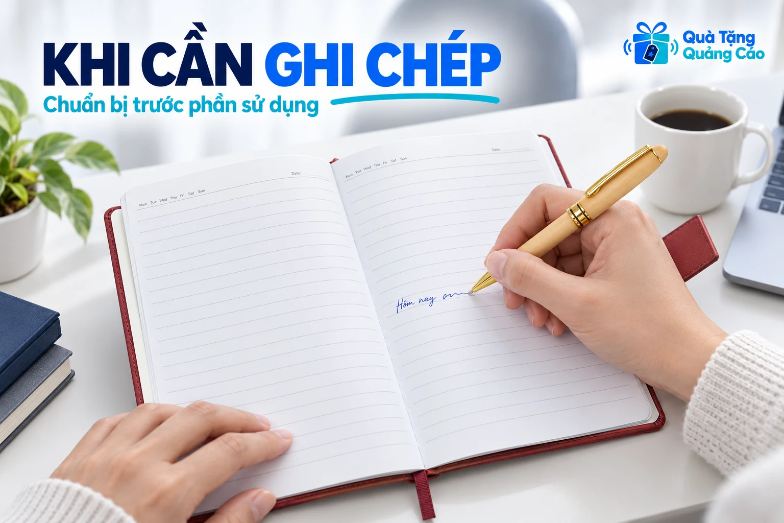 Sổ mở và bút được đặt sẵn cho phần ghi chép tại bàn