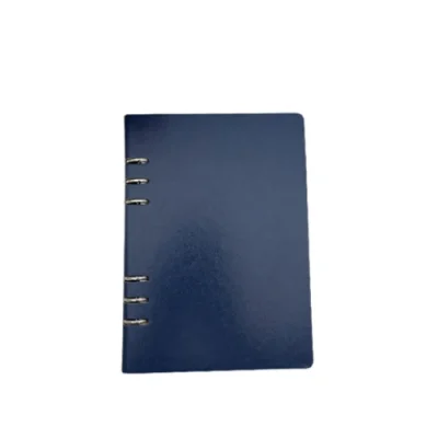 Bìa xanh navy trơn, sáu còng bạc lộ ở mép trái