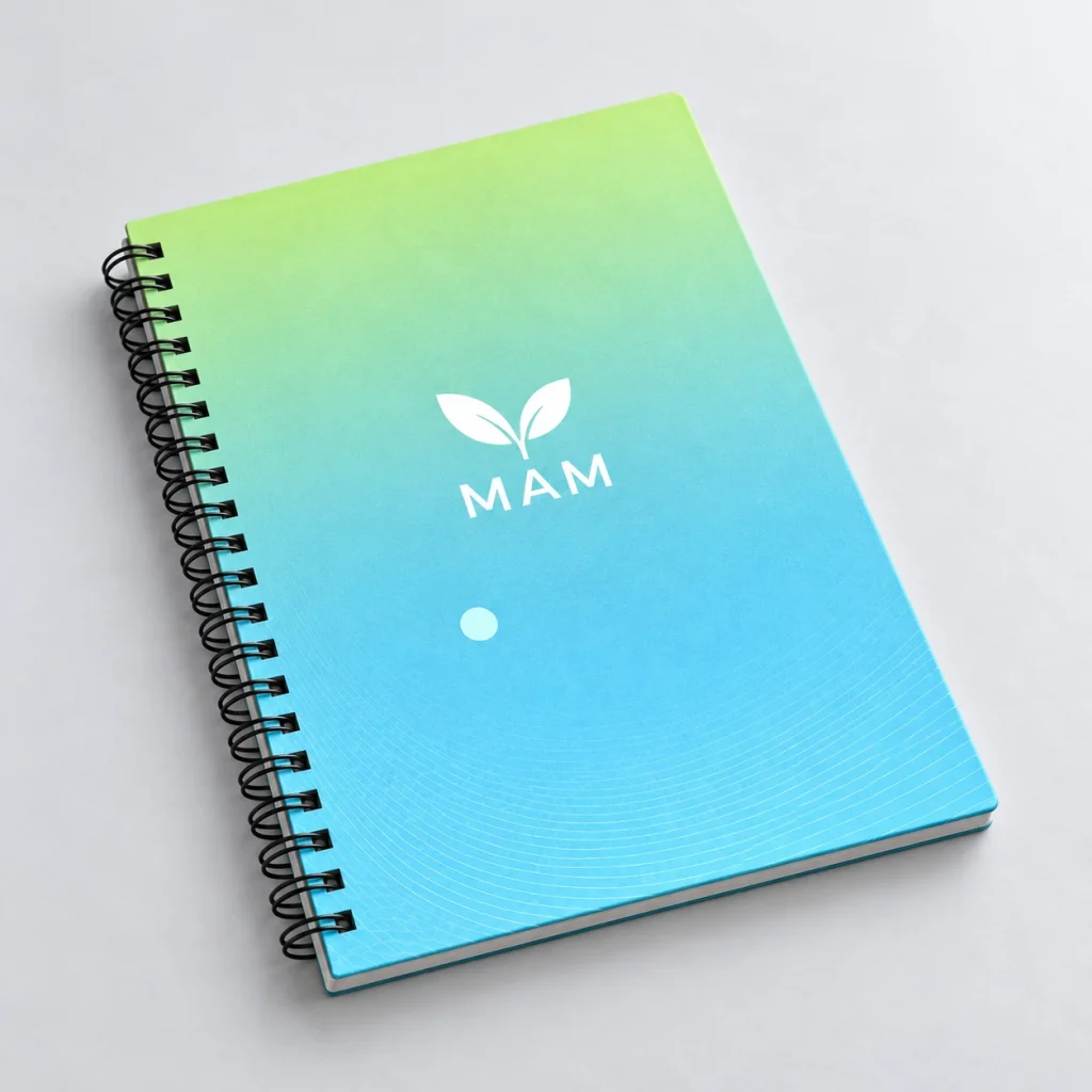 Mô phỏng logo MAM trắng trên bìa xanh chuyển sắc, thấy cạnh bìa và gáy lò xo đen