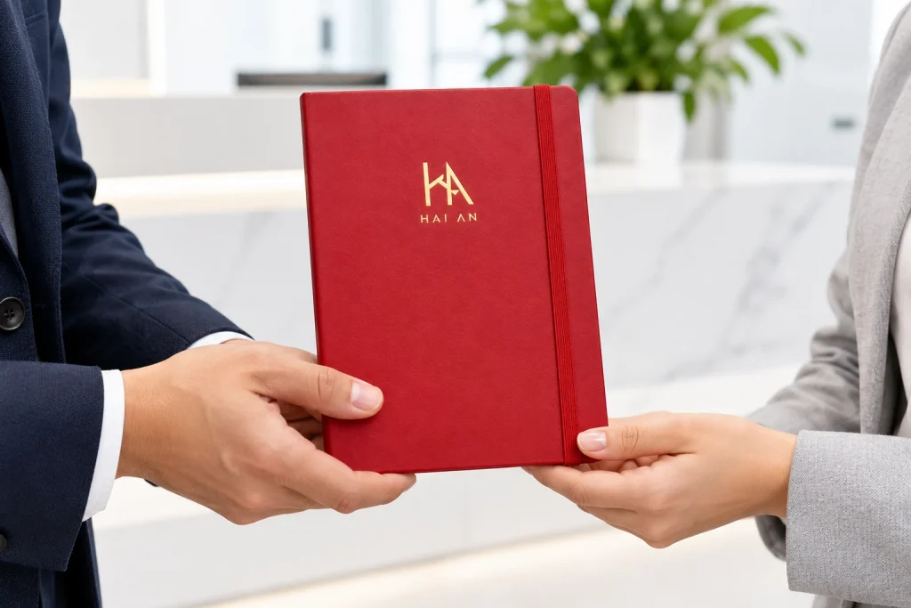 Minh họa trao sổ SD50 đỏ ép kim HAI AN