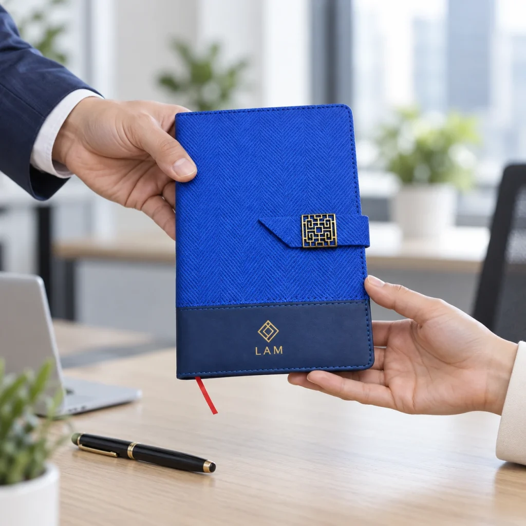 Minh họa đồng nghiệp trao cuốn sổ bìa phối xanh in LAM tại bàn làm việc
