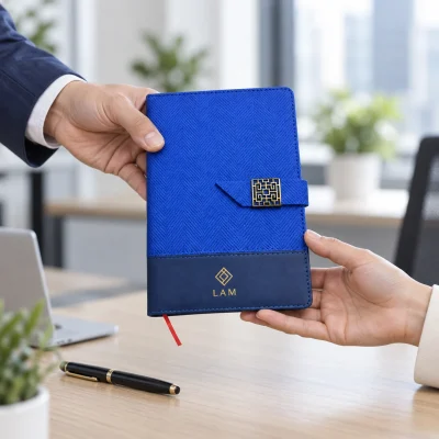 Minh họa đồng nghiệp trao cuốn sổ bìa phối xanh in LAM tại bàn làm việc