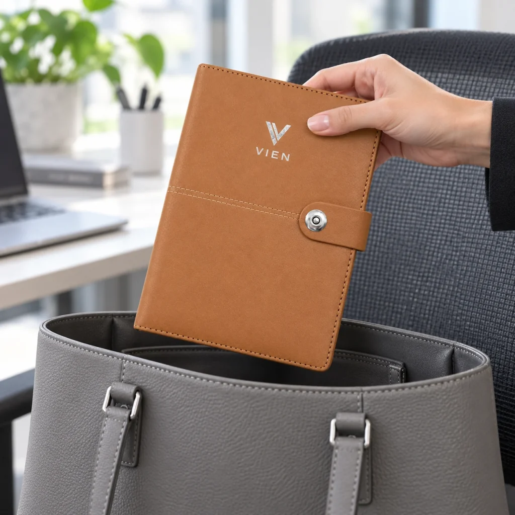 Minh họa tay cầm sổ khuy bấm nâu có logo VIEN trên miệng túi làm việc