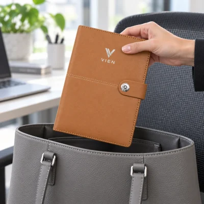 Minh họa tay cầm sổ khuy bấm nâu có logo VIEN trên miệng túi làm việc