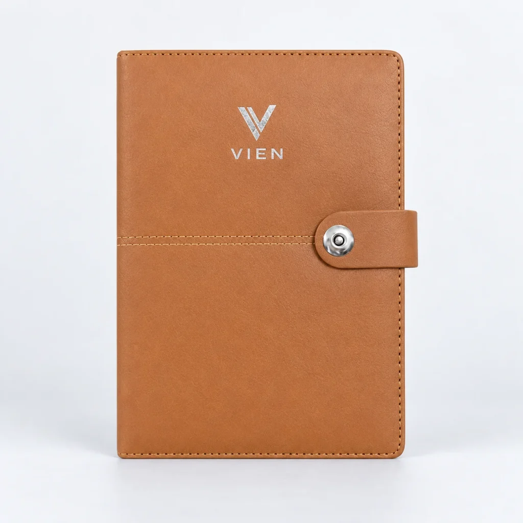 Mô phỏng biểu tượng chữ V và tên VIEN bạc ở phần trên bìa sổ nâu
