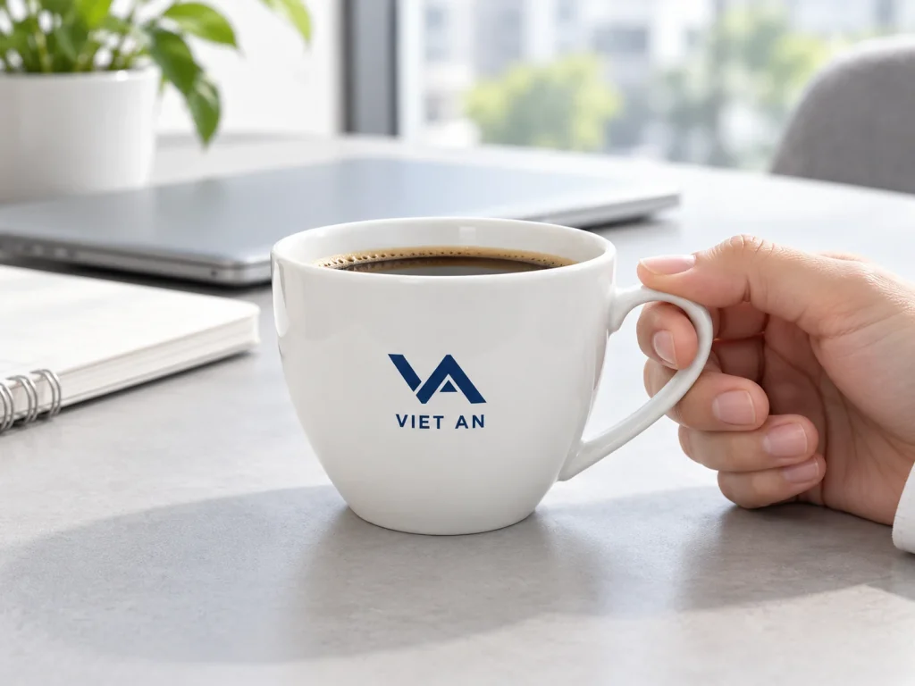 Minh họa dùng tách 105CF in logo tại bàn làm việc