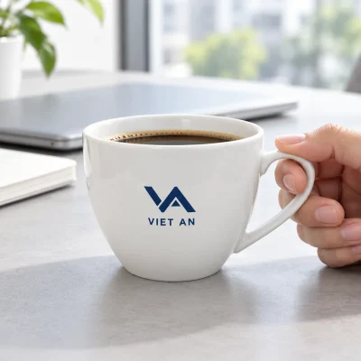 Minh họa dùng tách 105CF in logo tại bàn làm việc