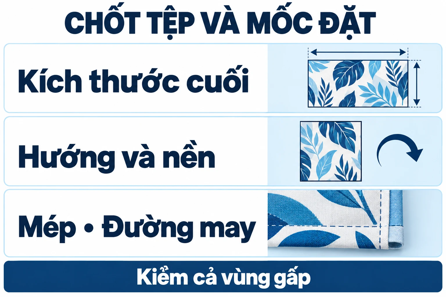 Kích thước cuối, hướng và nền, mép và đường may cần chốt
