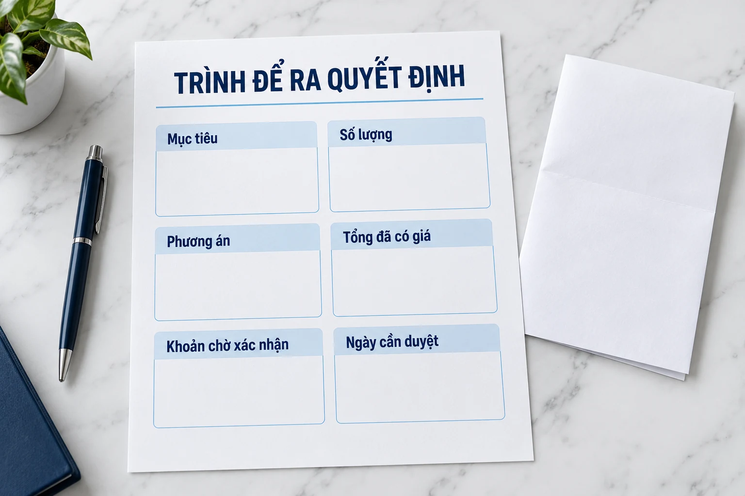 Mẫu trống gồm mục tiêu, số lượng, phương án, tổng đã có giá, khoản chờ xác nhận và ngày cần duyệt