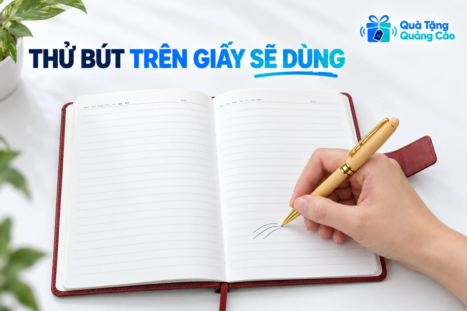 Tay cầm bút màu gỗ trên trang kẻ dòng để minh họa thao tác thử giấy