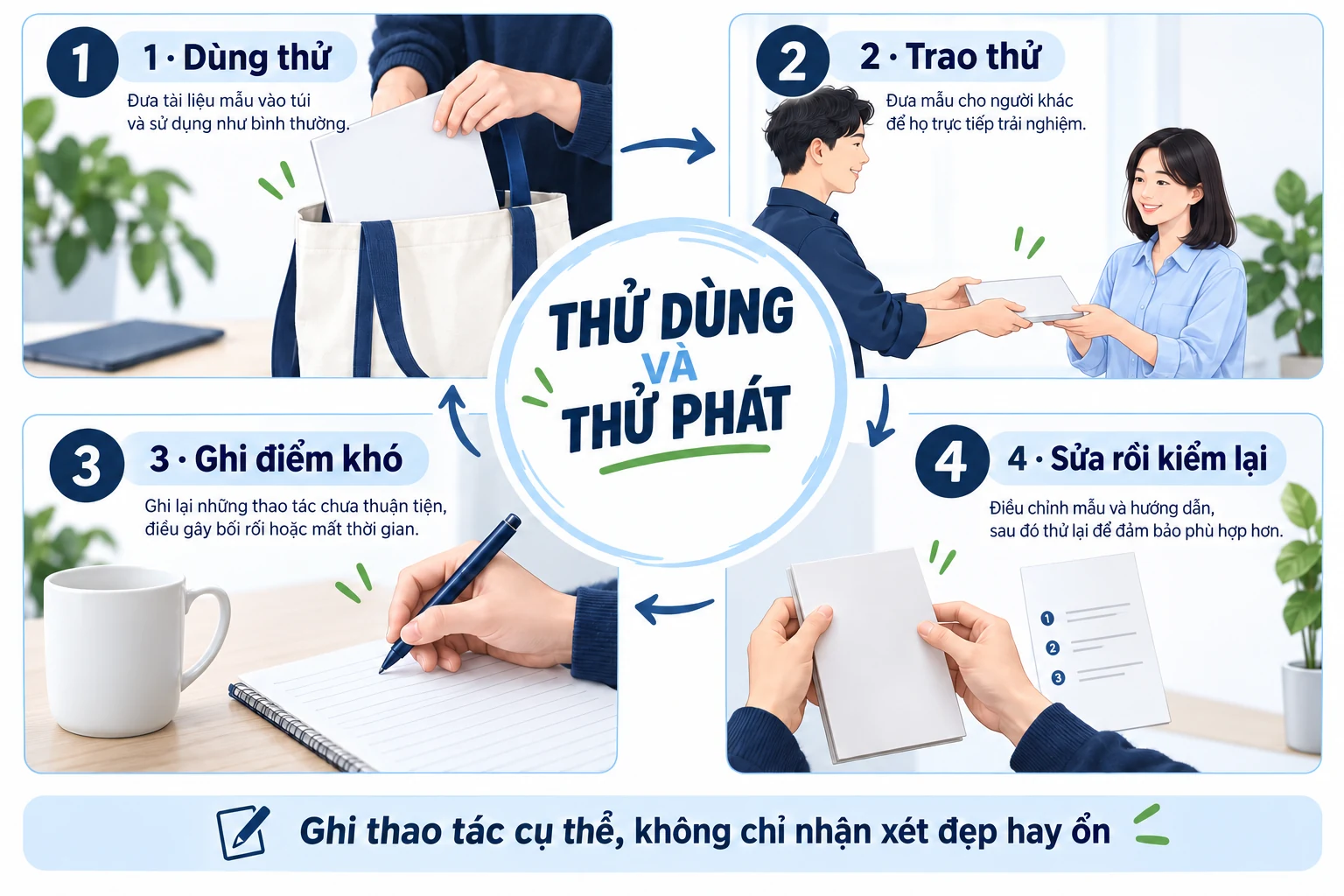 Bốn bước minh họa dùng thử, trao thử, ghi điểm khó và sửa rồi kiểm lại