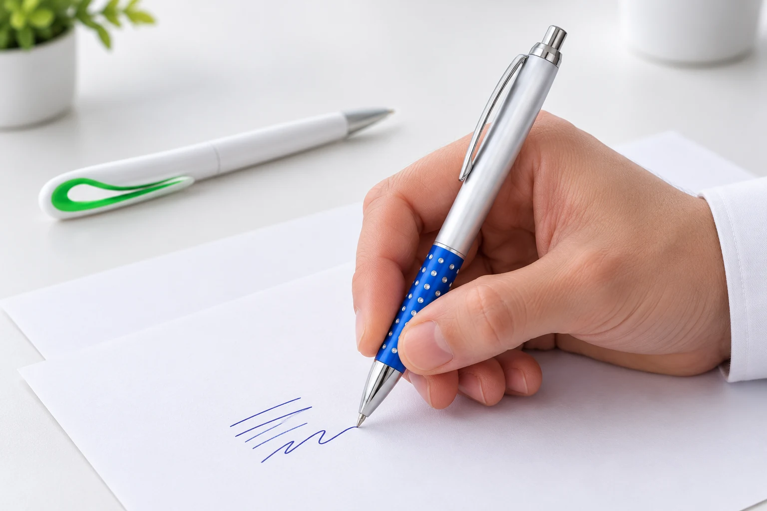 Tay cầm bút có phần cầm xanh để viết nét trên tờ giấy trắng