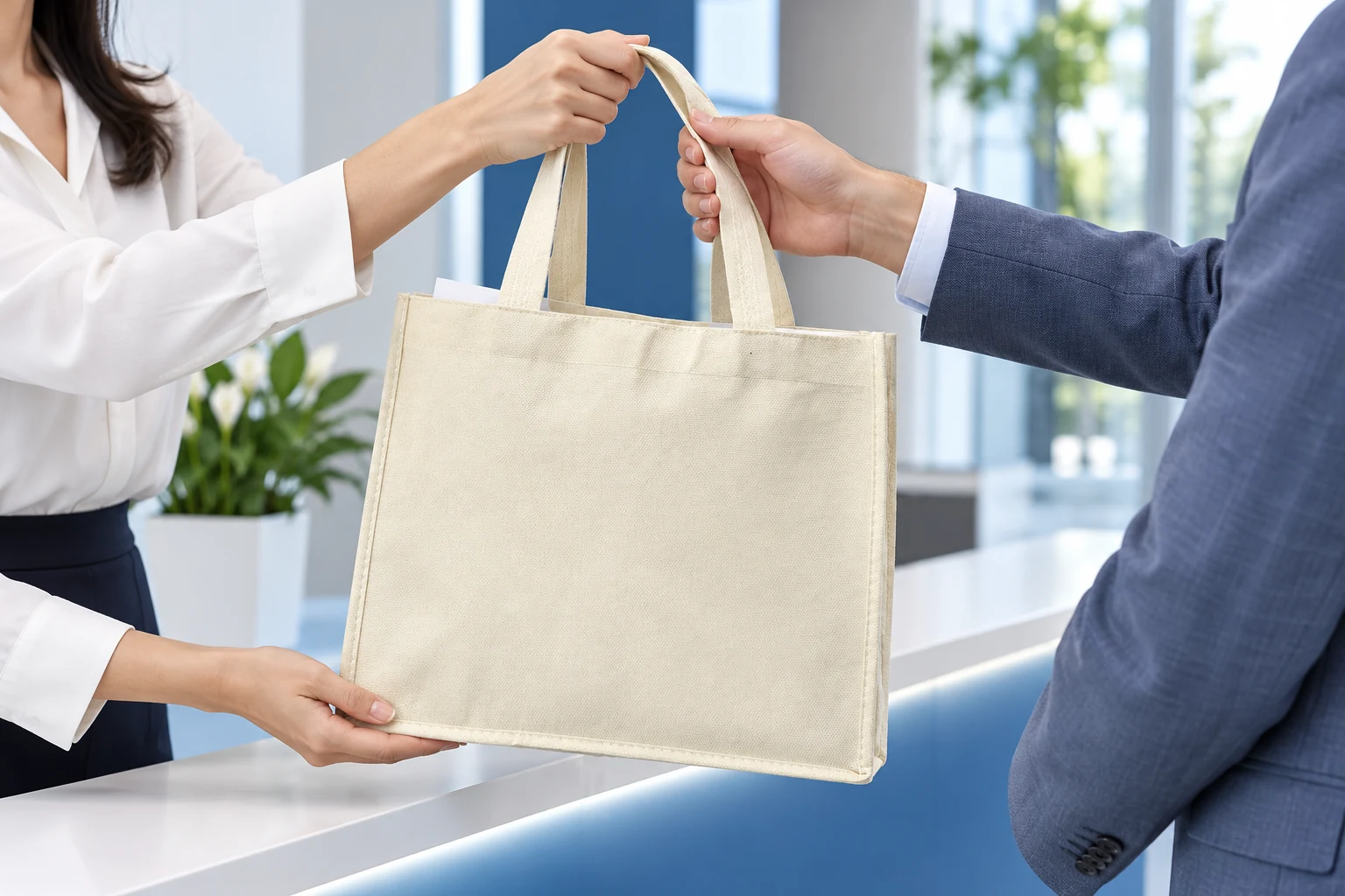 Hai người trao túi màu kem tại bàn tiếp đón