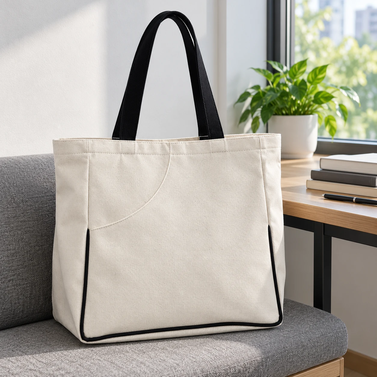 Túi canvas bên góc đọc sách Túi canvas quai đen đặt cạnh bàn đọc với sách bày riêng