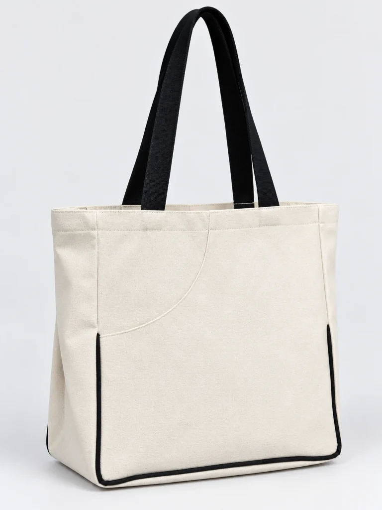 Góc nghiêng túi canvas quai đen thể hiện phần hông và đường viền quanh đáy