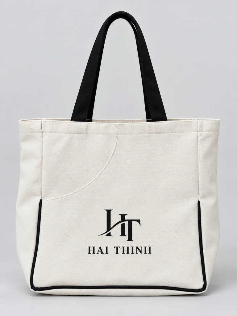 Minh họa logo HT HAI THINH một màu đen trên mặt túi canvas sáng