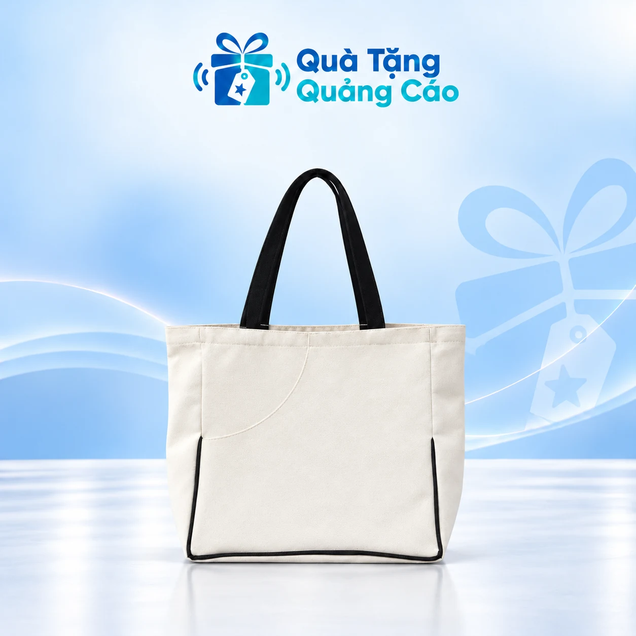Canvas quai đen trên nền xanh nhạt Túi canvas màu sáng quai và viền đen trên nền Quà Tặng Quảng Cáo