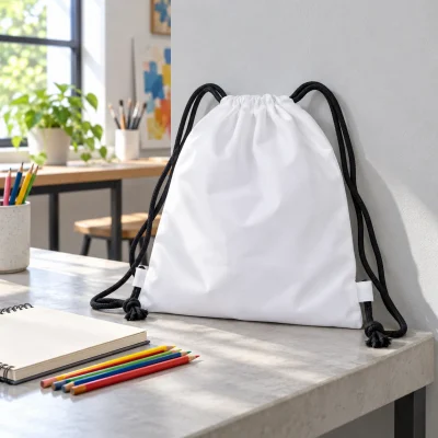 Túi rút canvas dây đen cạnh bàn có sổ vẽ và bút màu bày riêng