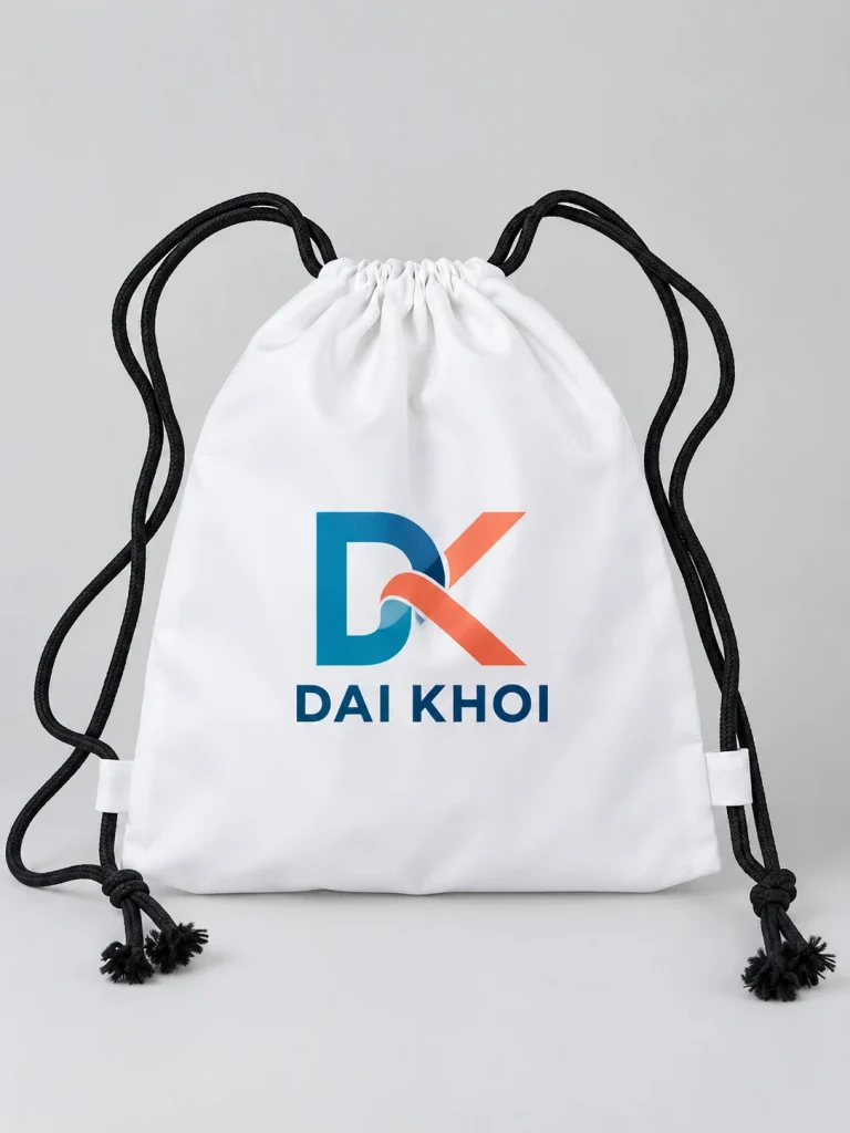 Minh họa nhận diện DK DAI KHOI xanh cam trên túi rút canvas trắng