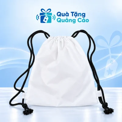 Túi rút canvas trắng dây đen và tai luồn vải trên nền Quà Tặng Quảng Cáo