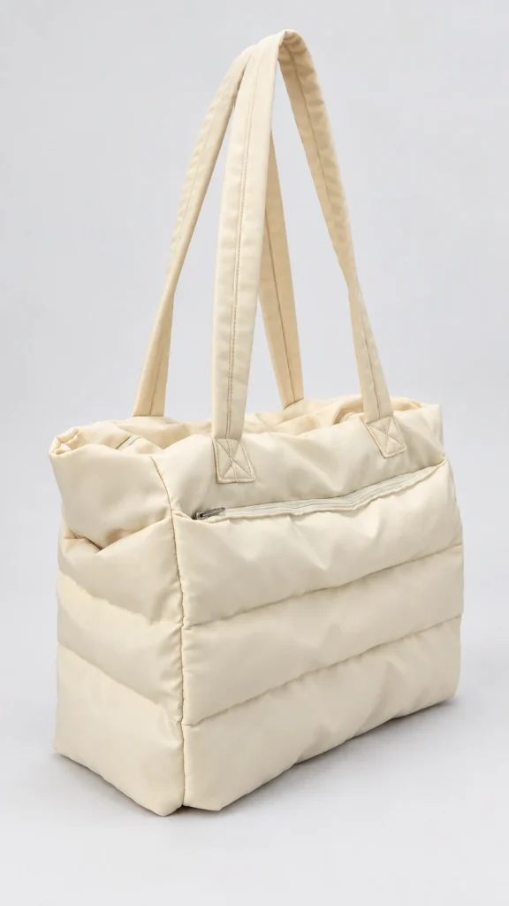 Góc nghiêng túi chần bông kem thể hiện phần hông và khóa kéo túi trước