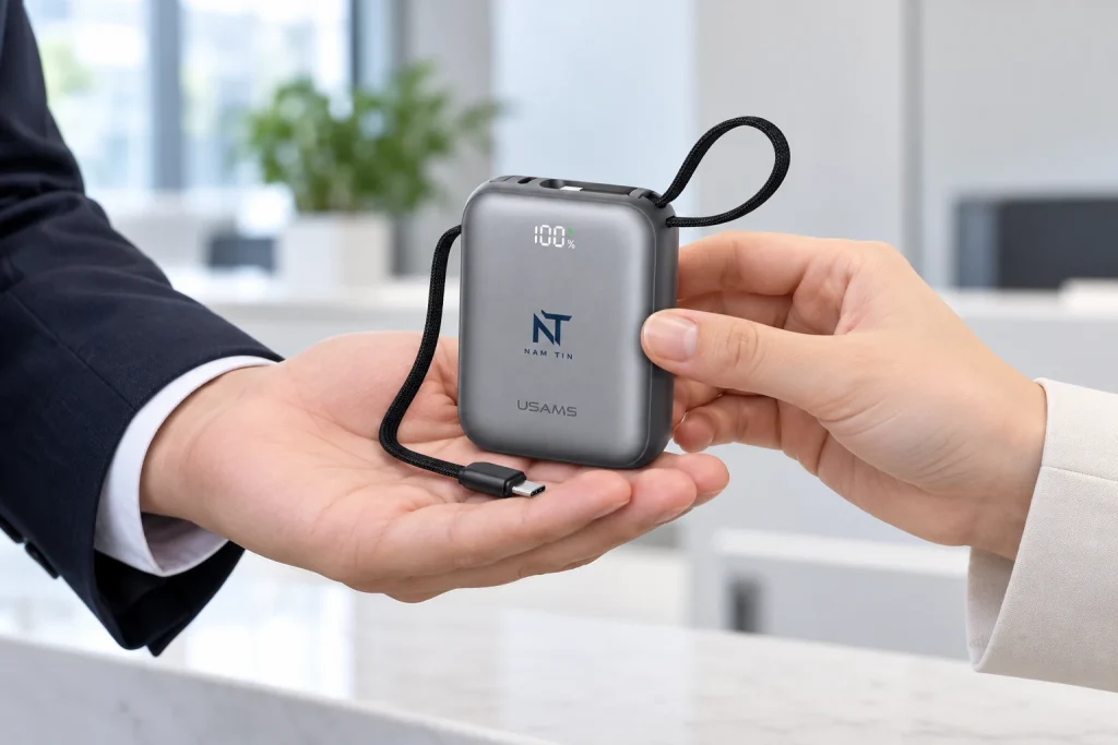 Minh họa trao pin USAMS PB86 màu xám in logo NAM TIN