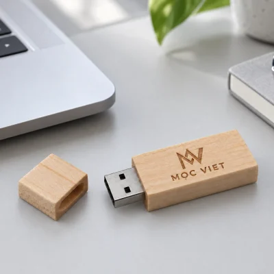 USB gỗ UGV 006 với nắp đặt bên cạnh laptop tại góc bàn làm việc
