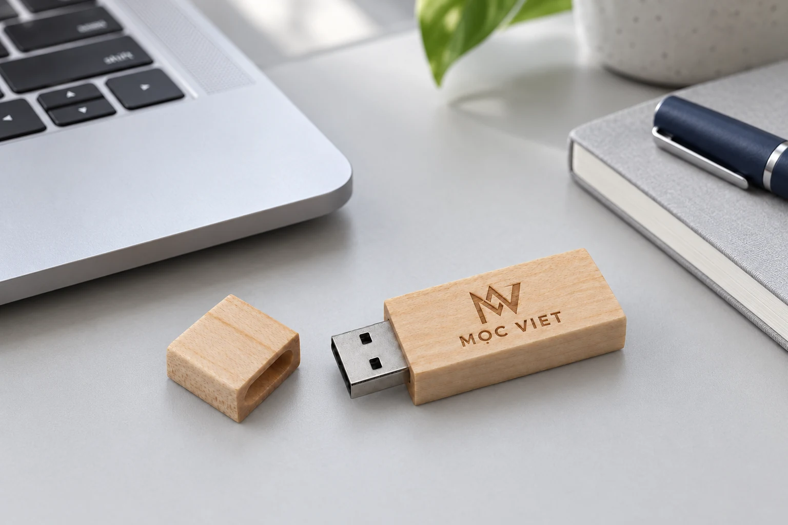 USB gỗ UGV006 bên laptop và sổ USB gỗ UGV 006 với nắp đặt bên cạnh laptop tại góc bàn làm việc