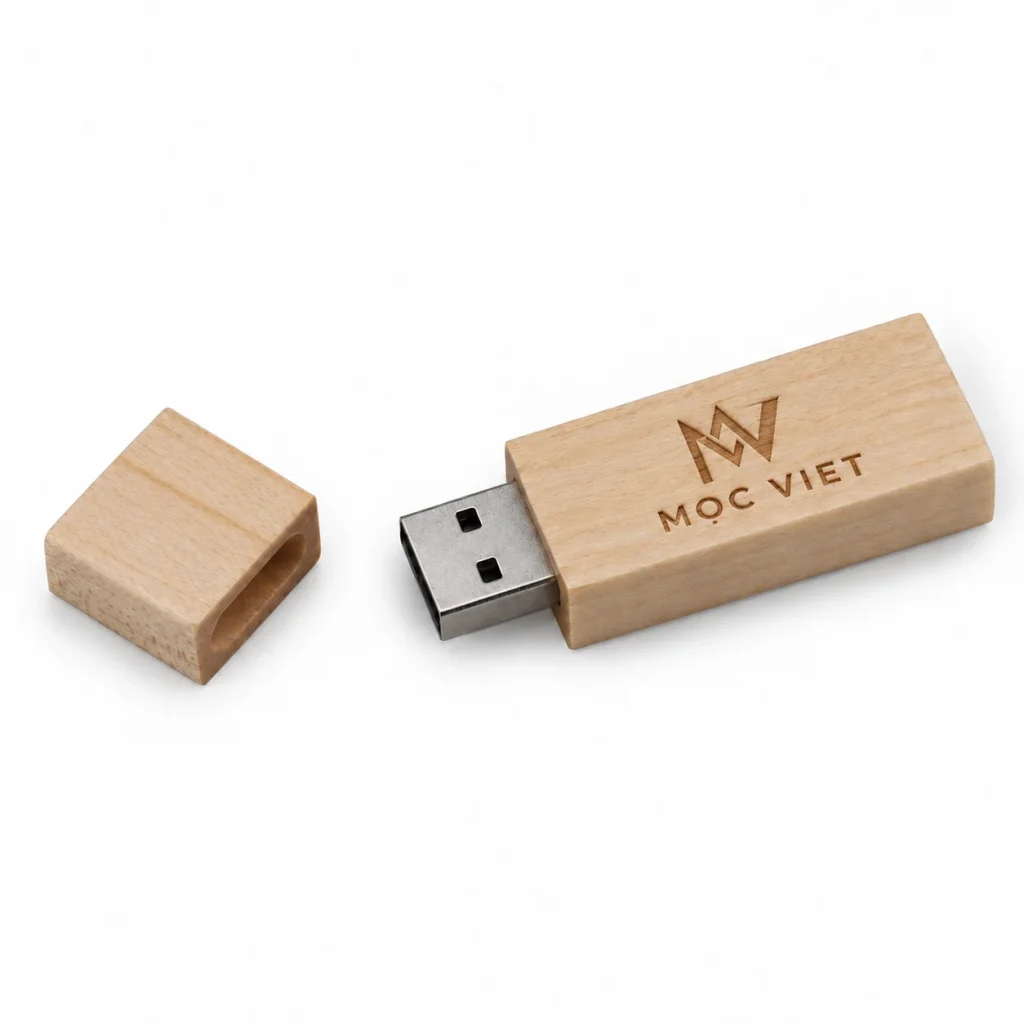Mô phỏng monogram MV và chữ MOC VIET khắc trên thân USB gỗ