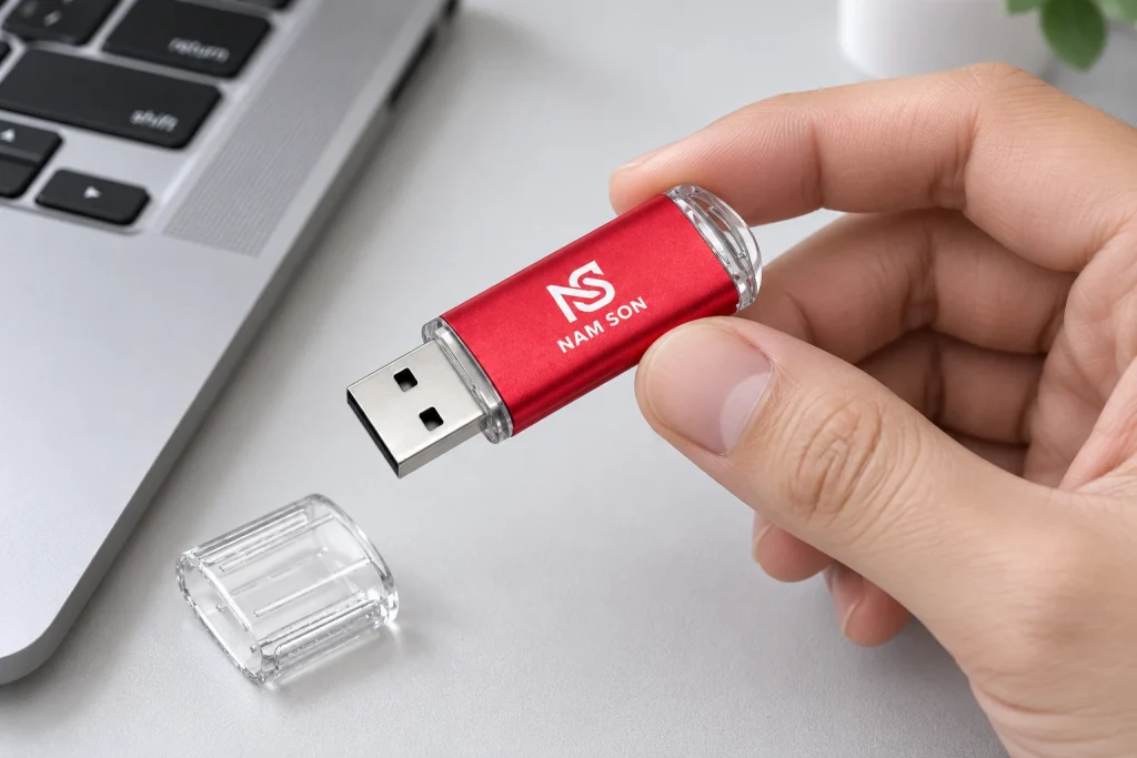 Tay cầm USB kim loại đỏ bên bàn máy tính, nắp trong suốt đặt trên bàn