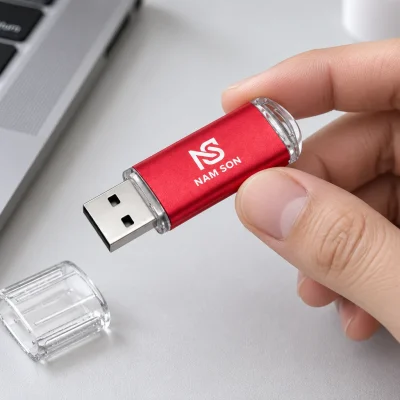 Tay cầm USB kim loại đỏ bên bàn máy tính, nắp trong suốt đặt trên bàn