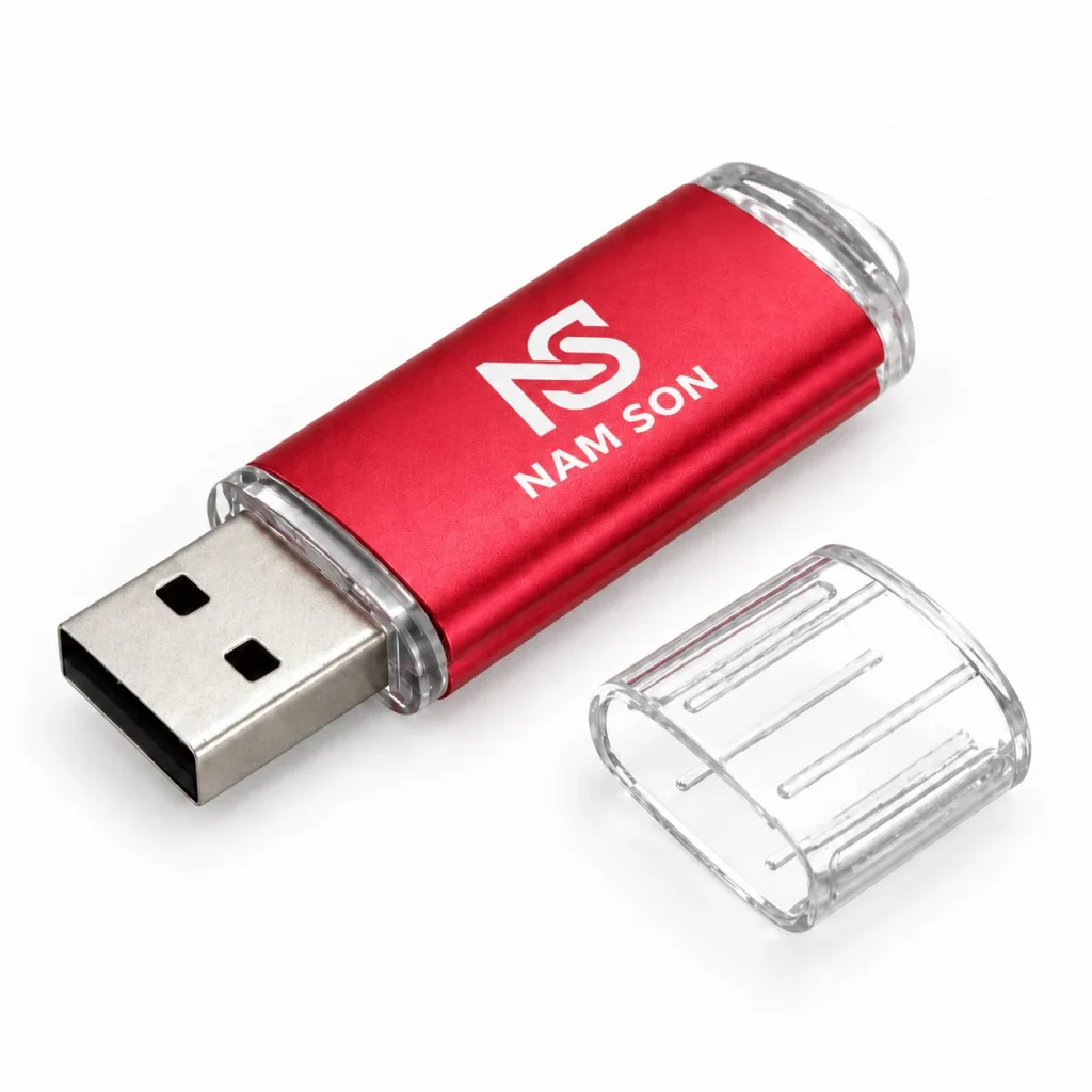 Mô phỏng monogram NS và chữ NAM SON màu trắng trên thân USB đỏ