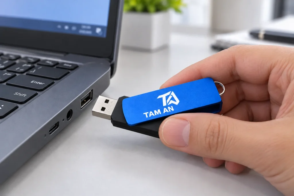 Tay cầm USB xoay xanh cạnh cổng kết nối trên laptop