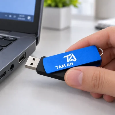 Tay cầm USB xoay xanh cạnh cổng kết nối trên laptop