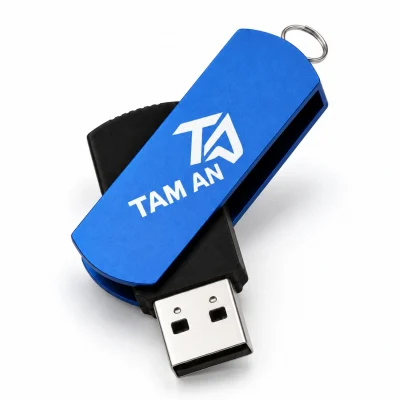 Logo TAM AN màu trắng trên miếng kim loại xoay màu xanh