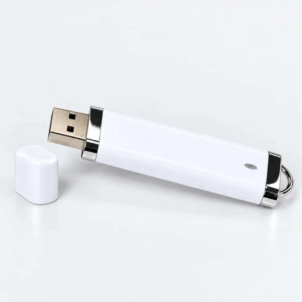 Cận vỏ nhựa trắng, viền màu bạc, đầu kết nối và nắp rời của USB UNV 001