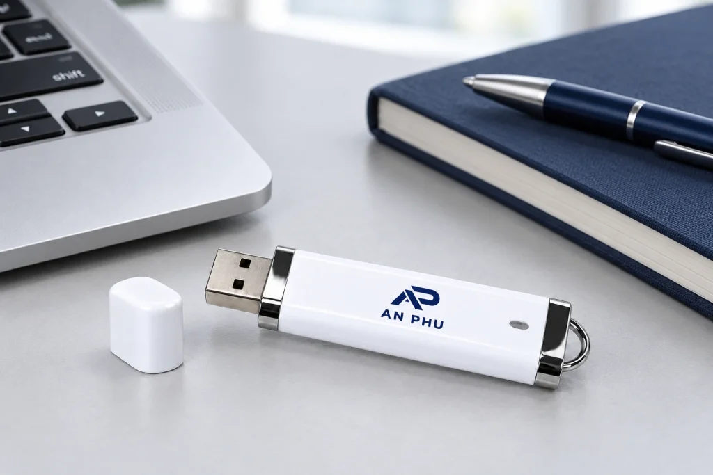 USB UNV 001 màu trắng cùng nắp rời đặt bên laptop và sổ trên bàn