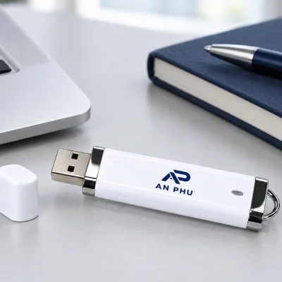 USB UNV 001 màu trắng cùng nắp rời đặt bên laptop và sổ trên bàn