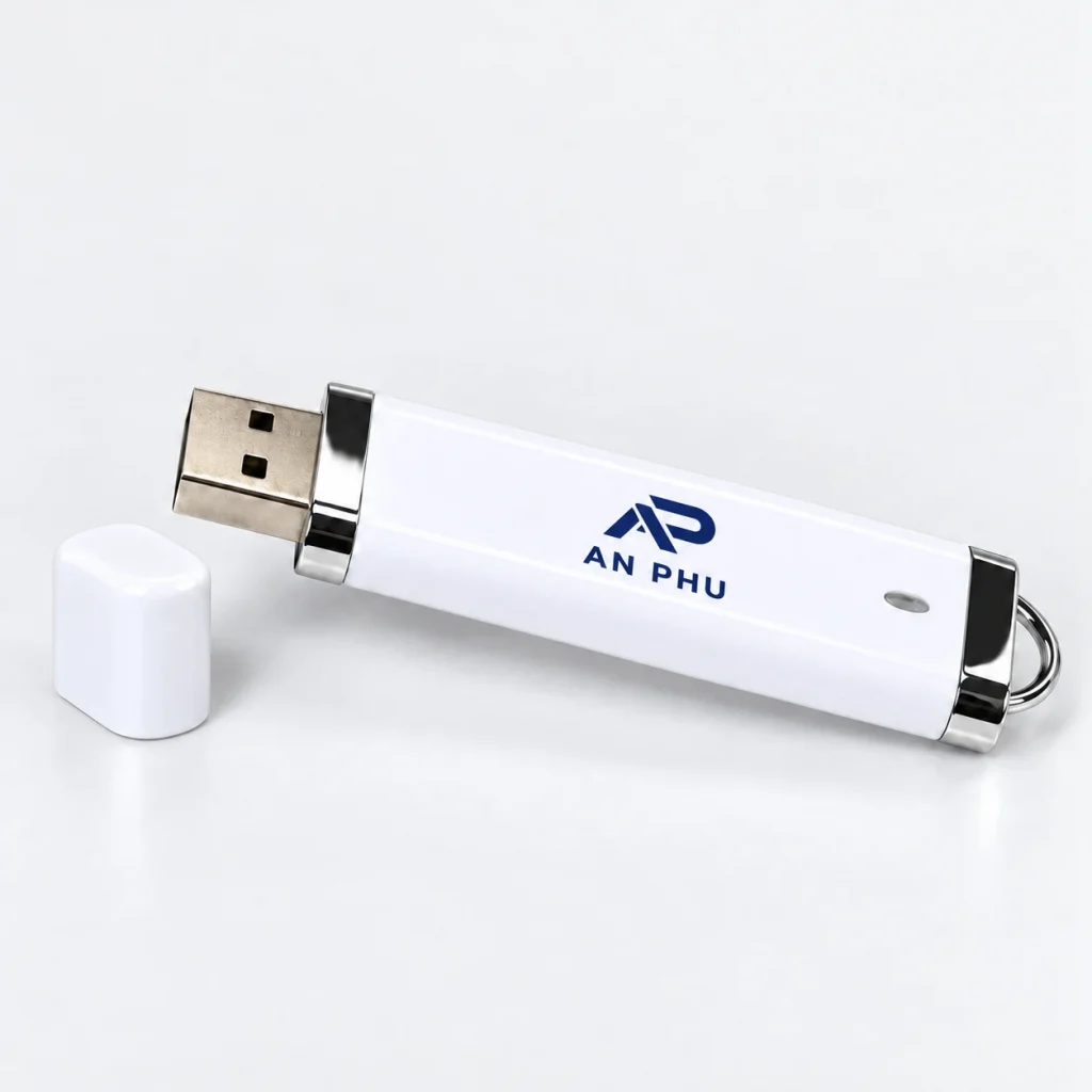 Mô phỏng monogram AP và chữ AN PHU xanh đậm trên USB vỏ trắng